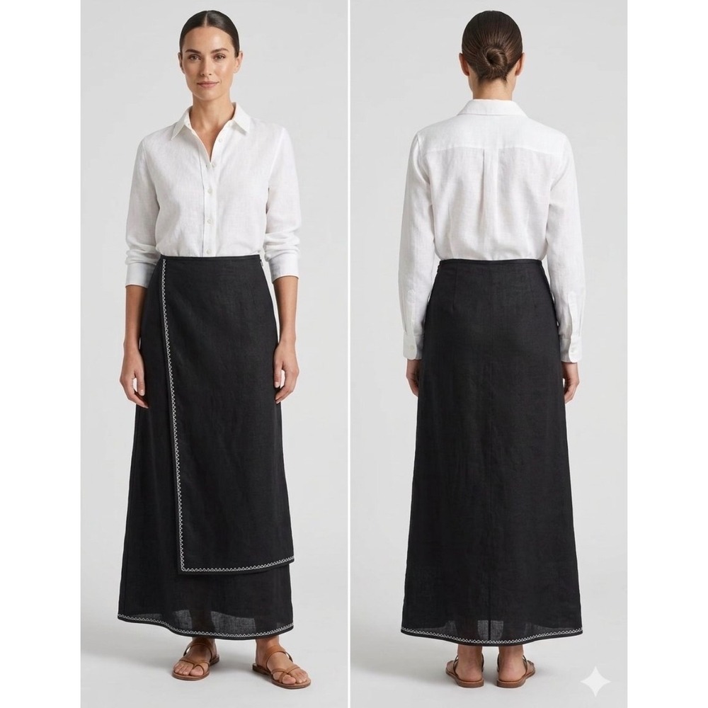 J. Jill Black 100% Linen Faux Wrap Maxi Skirt White Contrast Stitching Size 4